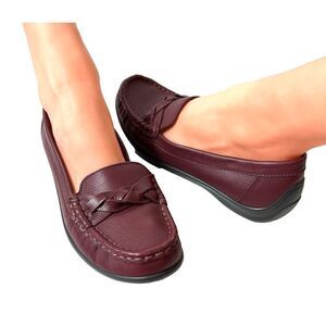 Hotter Womens Sz UK 5.5 US 7.5 Burgundy Leather Flat Comfort Casual Slip On Shoe
